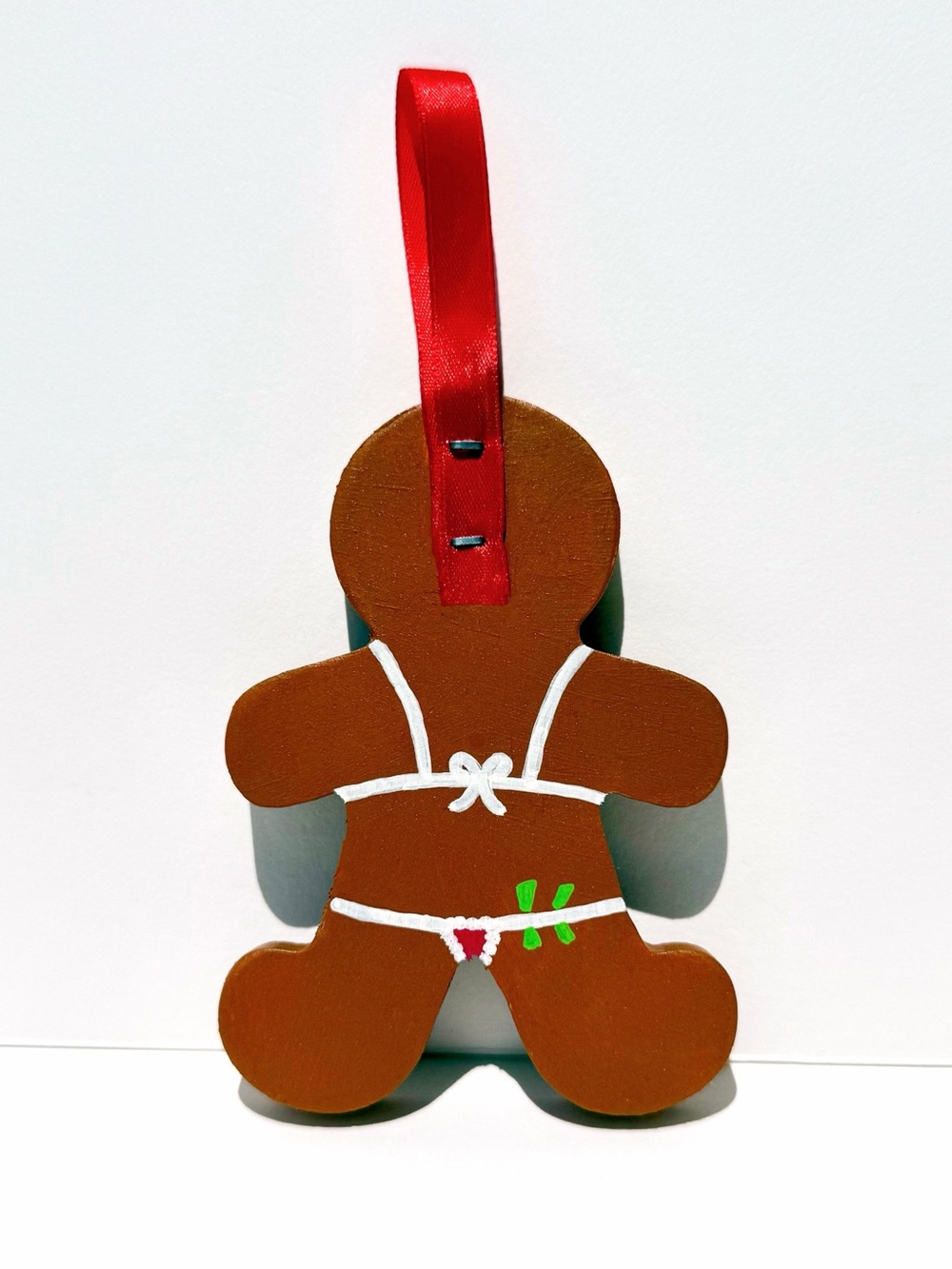 Handpainted Gingerbread Man Holiday Ornament - Red Ribbon - Picture 4 of 4